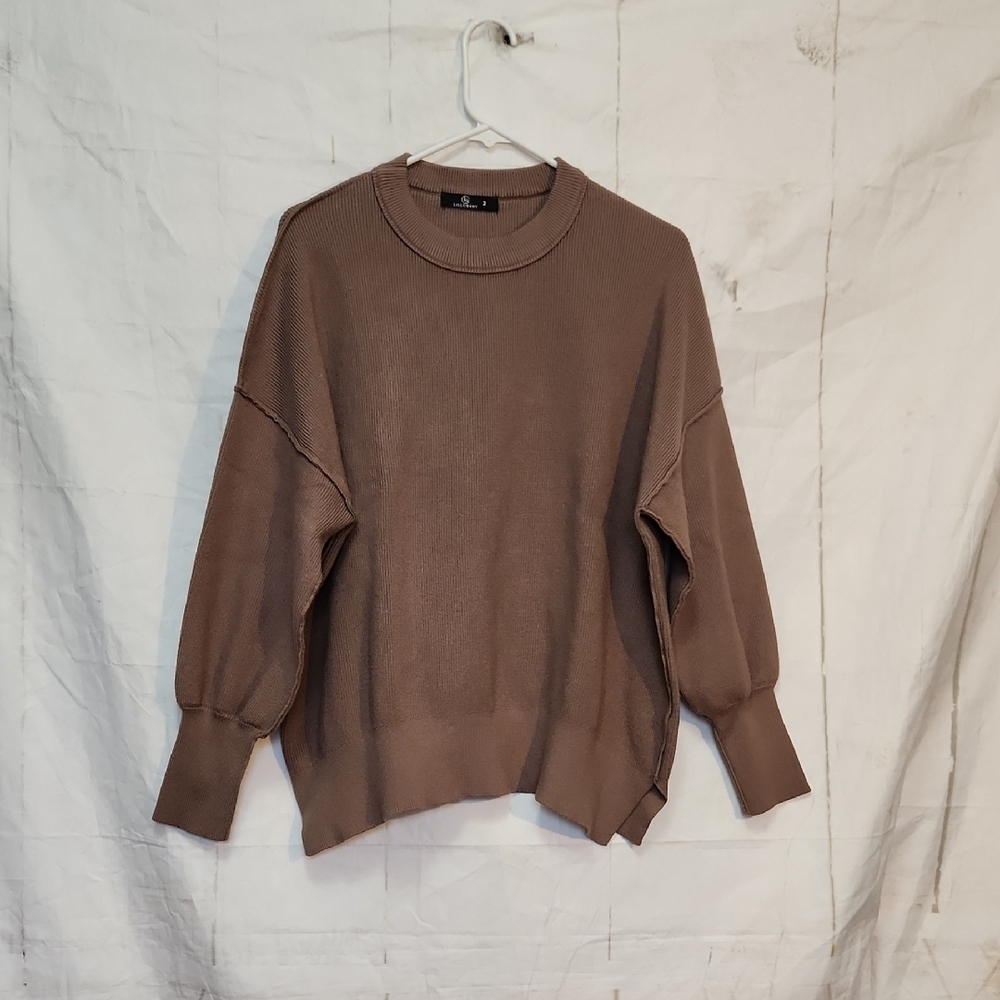 Lillusory Women's Brown Cozy Knit Drop Shoulder Crew Neck Sweater - Picture 2 of 8